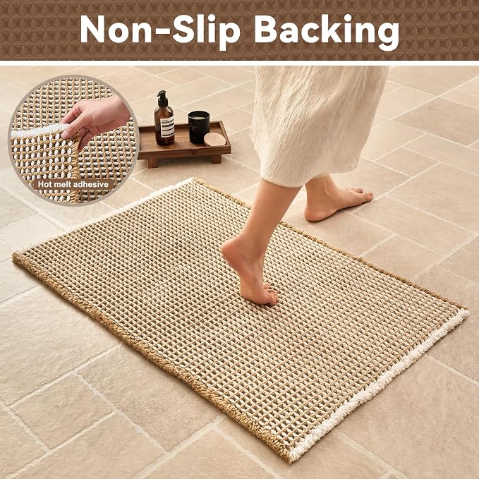 Triohero Waffle Bath Mat, Boho Bathroom Rugs Non Slip, 24x48 Khaki & White | Super Absorbent Quick Dry Bath Rug, Non-Slip Backing, Soft Waffle Washable Farmhouse Bathroom Mats, Tub, Shower & Home Decor