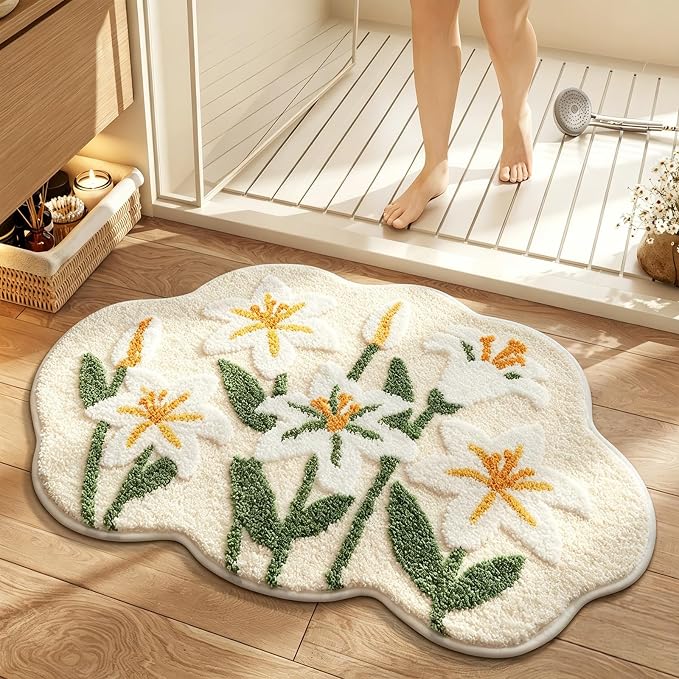 Cloud-Shaped Lily Bath Mat, Soft Non-Slip Fluffy Fresh Flowers Bathroom Rug, Ultra Absorbent Microfiber Shaggy Door Mat, Machine Washable Bath Rug Carpet for Bathtub Bedroom 20x31 Inch (White Lily)