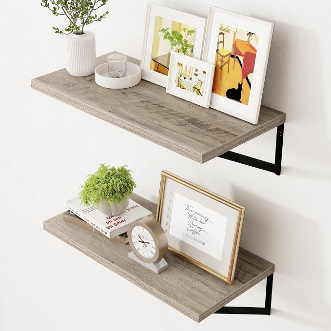 12 Inch Deep Floating Shelves for Wall - 24 Inch Wide x 12 Inch Deep Wall Shelves Set of 2 - Rustic Grey Wood Floating Shelves for Living Room