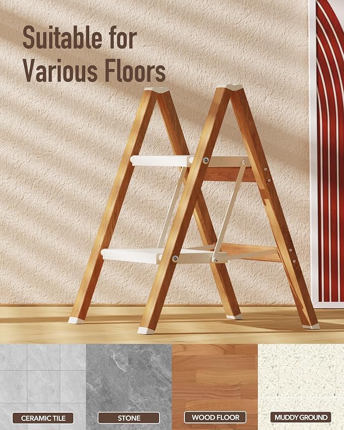 Mayi Plus 2 Step Stool Foldable, Aluminum, Lightweight Step Ladder | Extra-wide anti-slip folding steps with 330 lbs, for home,kitchen,office,outdoor,White & Woodgrain