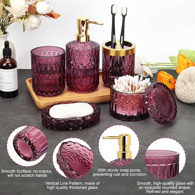 Bathroom Accessories Set, 5Pcs Bathroom Soap Dispenser Set, Glass Bathroom Accessories with Glass Soap Dispenser, Soap Dish, Toothbrush Holder, Tumbler, Cotton Swab Jar (Red)