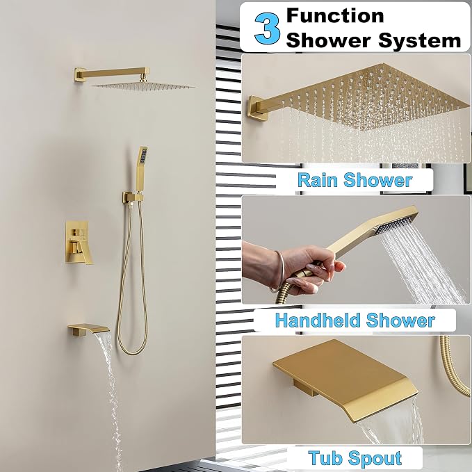 Shower System with 12-Inch Rain Head and Tub Spout | All-Metal Tub Shower Faucet Set, Wall Mounted Rain Showerhead, Handheld Spray, Includes Valve and Trim Kit, Brushed Gold