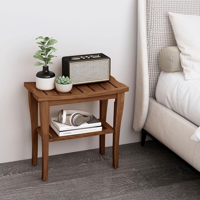 Bamboo Shower Bench Stool with Storage Shelf, Waterproof Shower Chair Spa Bath Seat, Shower Stool for Inside, Bathroom Bench Seat for Adults Elderly Seniors for Indoor or Outdoor Use(Walnut)