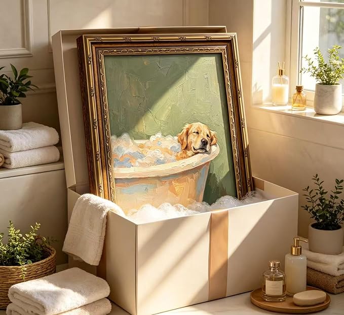 Vintage Gold Framed Funny Dog Bathroom Wall Art, Whimsical Golden Retriever in Bathtub Canvas Print, Cute Animal Bathroom Poster Artwork, Rustic Farmhouse Dog Wall Decor for Restroom Bathroom,16x24in