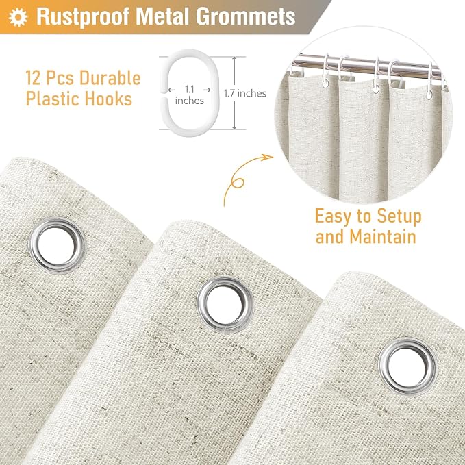 Long Linen Ruffle Farmhouse Cloth Boho Shower Curtain, 72x78, Natural | Ruffle Hem, Heavy Duty Fabric, 12 Hooks, Elegant Drape, Shabby Chic Style, Bathroom Decor, Machine Washable, Easy To Install