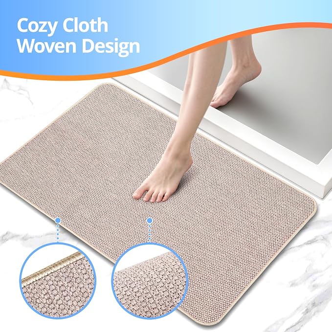 Upgraded Bath Mat 19x30Inch, Thin Bath Mats Rugs with Rubber Backing Non-Slip, Absorbent,Quick Dry Machine Washable, Home Decor Accessories Cozy Cloth Bathroom Rugs fit Under Door/Sink/Tub-Biege
