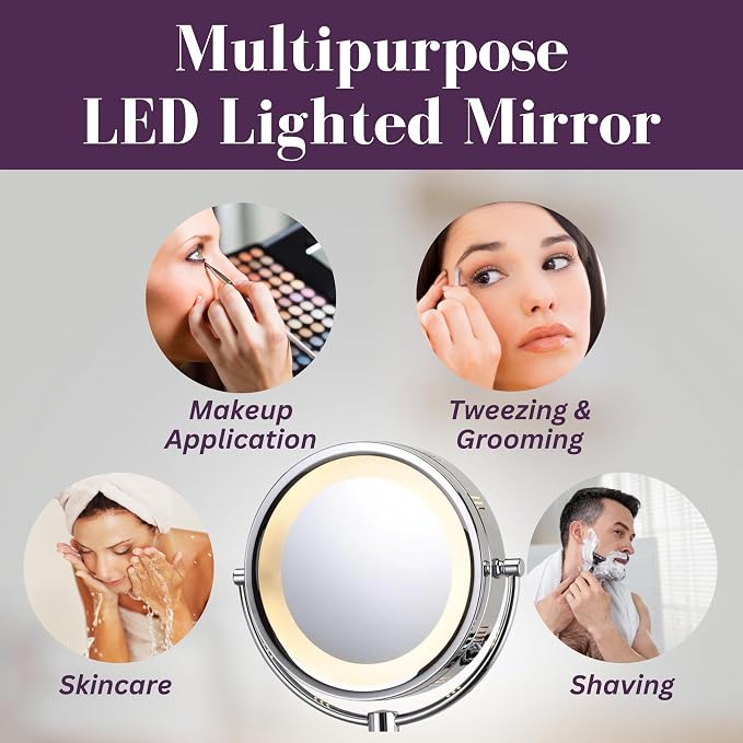 JERDON Lighted Wall-Mount Makeup Mirror - 8X - Chrome - HL88CL | 8.5" Round Frame, 13.5" Wall Arm, LED Lighting, Corded Plug-In Power