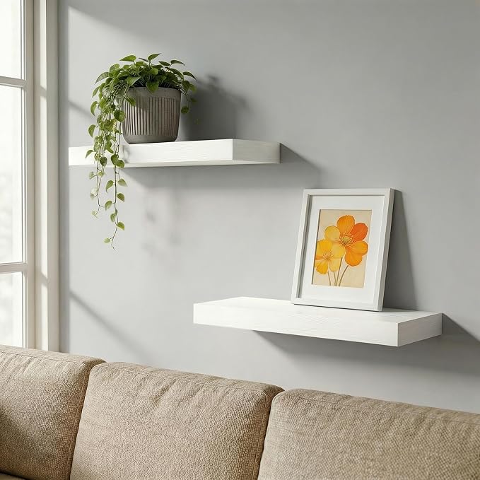 16 in Floating Shelves for Wall Decor Color White,Pack 2 | Modern floating shelves for living room,bedroom,kitchen and bath.Organize & display books,photos and decor.easy mount,sturdy.