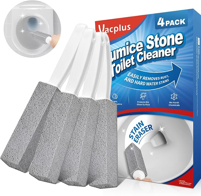 Vacplus Toilet Brush, 4 Pack, 100% Pumice Stone, Long Handle | Toilet Bowl Cleaner, Pool, Bathroom Sink, Removes Limescale Rust