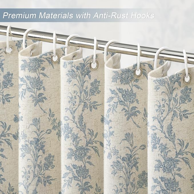 Blue Floral Shower Curtain,Vintage Linen Beige Cottagecore Shower Curtains for Bathroom, 72" W x 72" L
