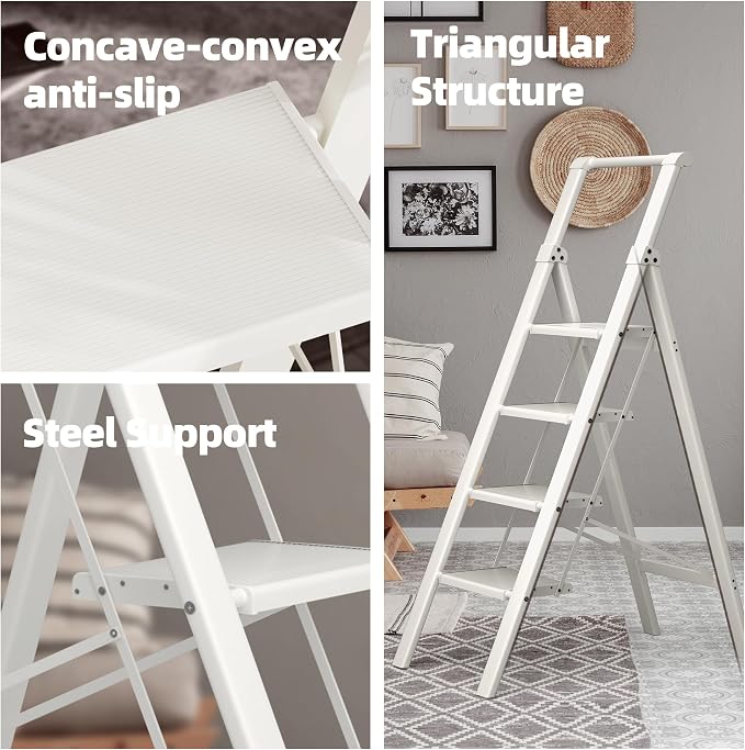 HillhutApex Aluminum 4 Step Ladder, Step Stool Foldable Ladder(White) | Stepladder with Handgrip,Anti-Slip Pedals,330lbs Capacity,Lightweight Folding Ladder for Home,Office,Libaray