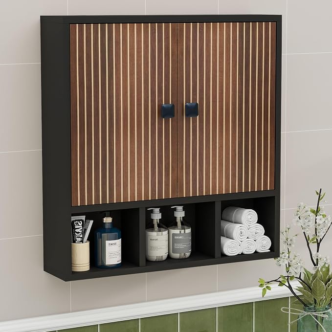 Bathroom Wall Cabinet,Wooden Medicine Cabinet with Fluted Doors Over The Toilet Storage Cabinet with Adjustable Shelf for Bathroom (Black)