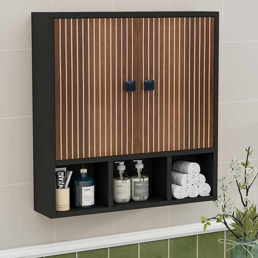 Bathroom Wall Cabinet,Wooden Medicine Cabinet with Fluted Doors Over The Toilet Storage Cabinet with Adjustable Shelf for Bathroom (Black)