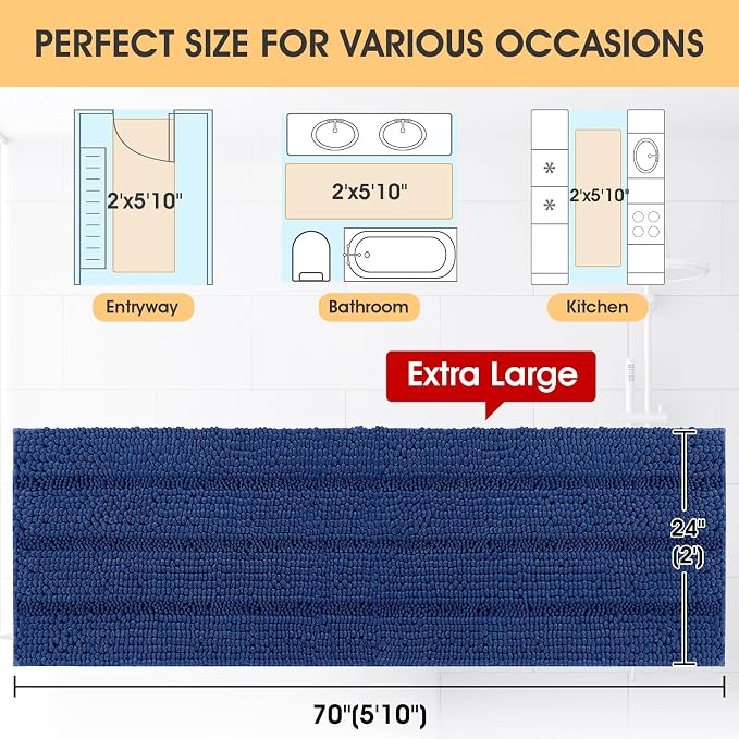 Extra Long Striped Denim Blue Bathroom Rug Mat 70"x24" Ultra Soft, Non Slip Chenille Bath Rugs, Absorbent Plush Shaggy Bath Mats for Bathroom, Bedroom, Kitchen, Shower, Tub