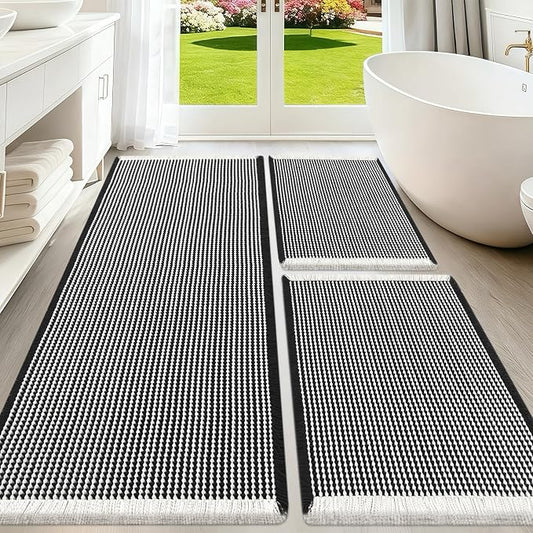 Upgraded Waffle Bath Mat Set 3 Piece Black & White, Super Absorbent Non-Slip Quick Dry Bathroom Rugs with Tassels, Machine Washable Ultra Soft Boho Bath Rugs for Floor,Toilet Mats Boho Farmhouse Decor