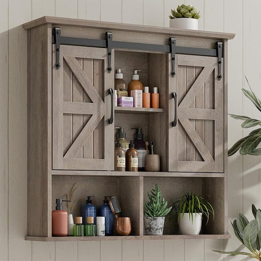 Vabches Bathroom Wall Cabinet, Farmhouse Medicine Cabinet, Washed Oak | Wooden Vintage Storage Cabinet Wall Mounted with Double Sliding Barn Door and Adjustable Shelf for Bathroom, Kitchen