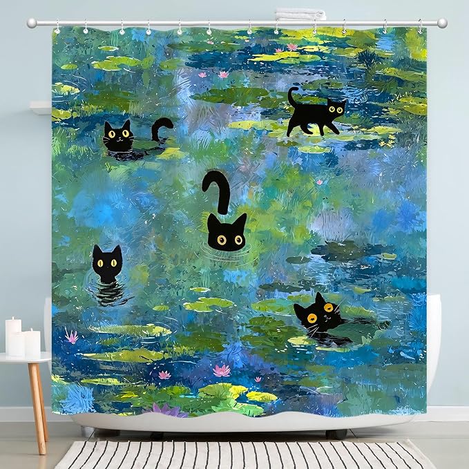 Accnicc Cute Cat Shower Curtain Funny Fun Cool Cats Monet Shower Curtains for Bathroom Water Lilies Waterproof Fabric Bath Curtain Decor 72 X 72 Inch