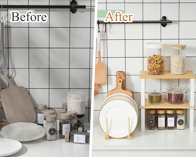 Marsui 4 Pcs Kitchen Organizer Accessories Set for Cabinet,Wooden Color | Cabinet Organizer Shelves, Bamboo Dish Drying Plate Rack, Wooden Counter Storage Holder, for Spice Dish Pot Lid Bowl Cup