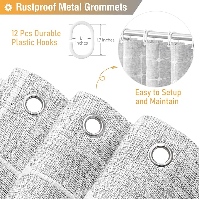 72x78 Boho Farmhouse Linen Heavy Duty Cloth Shower Curtain, Gray/Grey | Long Size, 330GSM Linen Blend, 3-side Tassels, Water Repellent Fabric, 12 Plastic Hooks, Bohemian Style, Machine Washable