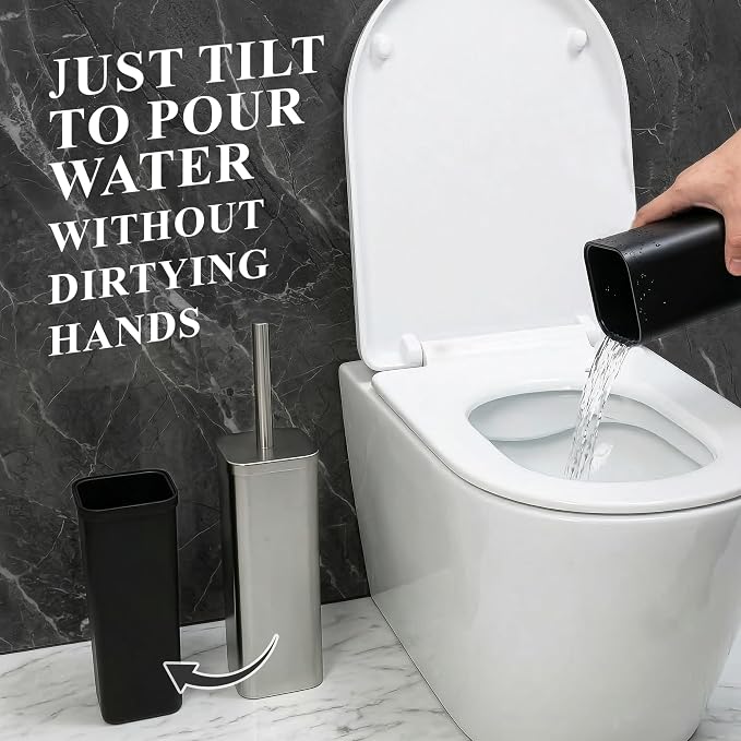 Stainless Steel Toilet Brush and Holder Set, Rounded Square (Silver) | Toilet Bowl Brush and Holder, Removable Inner Bowl, Dense Bristles, Long Handle, Hand Guard, Scratch Resistant, for Bathrooms