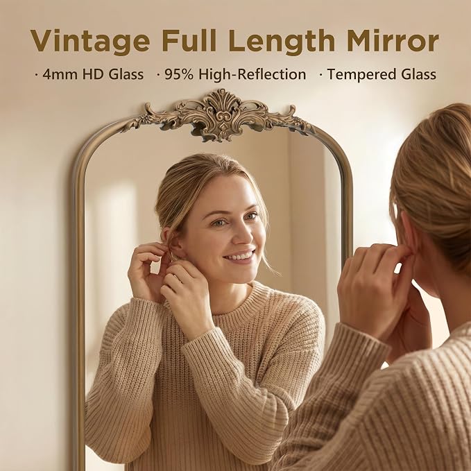 Besdomus Vintage Mirror Full Length: 21"x56" Brass Gold Arched Body Mirrors | French Floor Standing Metal Framed - Antique Baroque Traditional Ornate - Ideal for Foyer/Cloakroom/Bedroom/Dressing Room