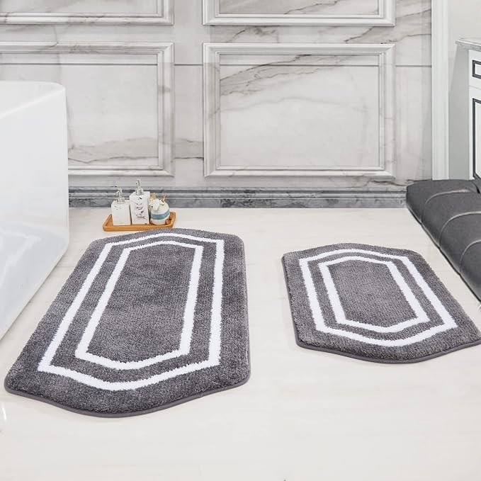 COSY HOMEER Non-Slip Bath Mats Extra Thick Absorbent Plush Washable | 20"x32"+24"x48" White/Grey Non-Slip Extra Thick Plush Absorbent Machine Washable Bath Mats Bathroom Rugs Floor Tub Shower