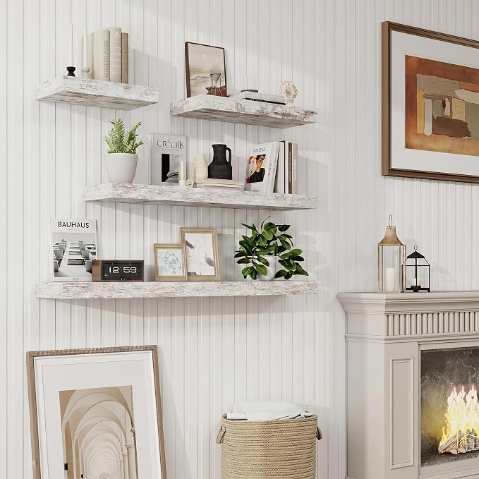 9.25in Depth 32in Floating Shelves, 32x9.25x1.4, Vintage White, Set of 2 | Wall Mounted Engineered Wood Shelves, Invisible Brackets for Living Room, Bedroom, Bathroom, Kitchen Decor and Storage
