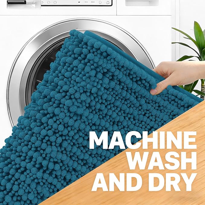 OLANLY Large Bathroom Rugs 70x46, Thick Soft Absorbent Chenille Bath Rugs | Peacock Blue, Quick-Drying Rubber Backing, Shaggy Bath Mat, Washable for Floor, Tub and Shower, Home Decor Accessories