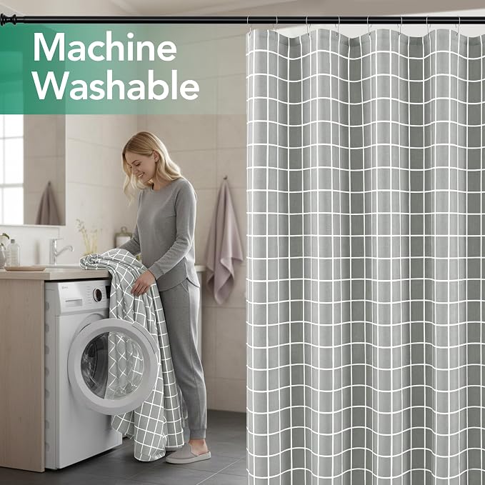 Biscaynebay Fabric Grey Shower Curtain for Bathroom-Modern Farmhouse Faux Linen Textured Grid Plaid Shower Curtains, Minimalist Simple Geometric Neutral Decor Machine Washable-70x72 Inches Silver Grey