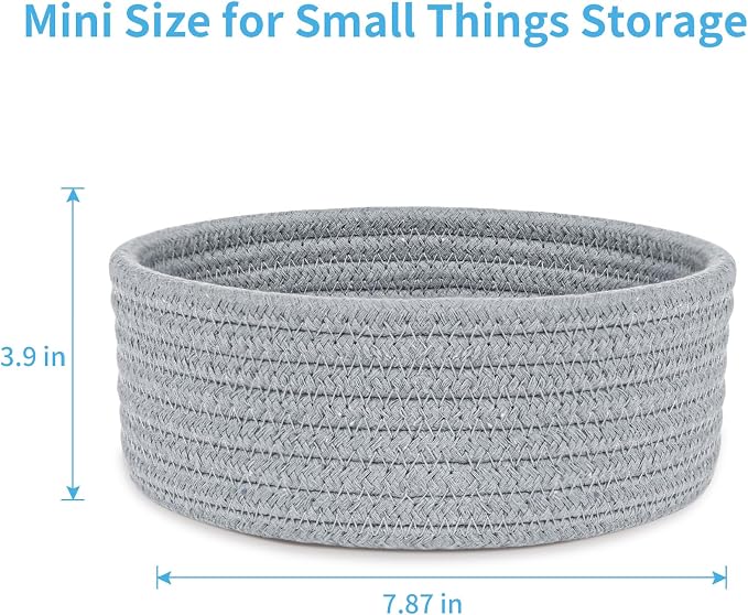 ABenkle Small Woven Basket, Empty Tiny Shallow Storage Basket, Mini Cotton Rope Baskets, Round Decorative Hamper, Basket Storage Bins for Toys, Spa, Socks, Nursery, Living Room- Grey