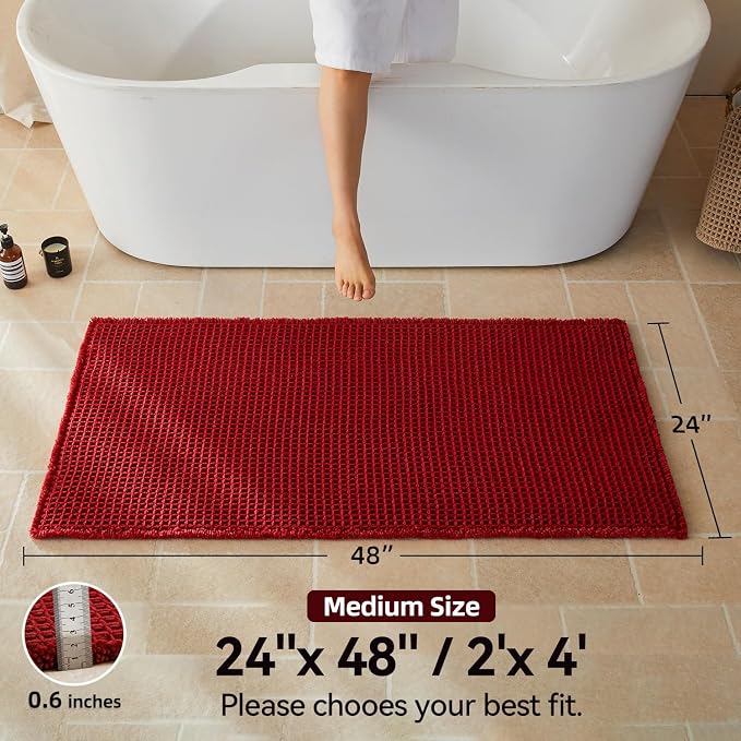 Triohero Waffle Bath Mat, Boho Bathroom Rugs Non Slip Washable, Ultra Soft Super Absorbent Quick Dry Farmhouse Bathroom Decor, 24" x 48", Burgundy