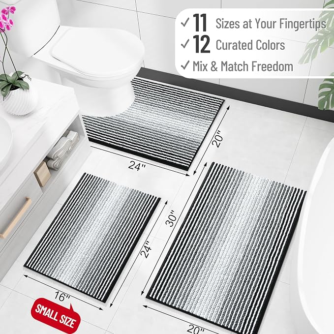 OLANLY Bathroom Runner Rugs 59x20, Soft Chenille Striped Bath Rugs, Black | Extra Absorbent, Rubber Backing, Machine Wash Dry, Bath Mats for Bathroom Floor, Tub and Shower, Home Decor Accessories