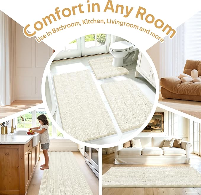 Striped Ice Cream Bathroom Rug Set 3 Pieces Ultra Soft, Non Slip Chenille Toilet Mat, Absorbent Plush Shaggy Bath Mats for Bathroom, Bedroom, Kitchen