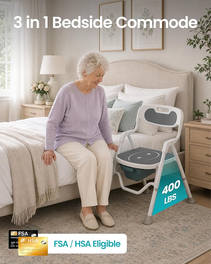 3-in-1 Folding Bedside Commode Toilet, Potty Chair for Adults & Seniors | arms and backrest add support; adjustable height improves fit; removable bucket eases overnight care, Gray, FSA/HSA Eligible;