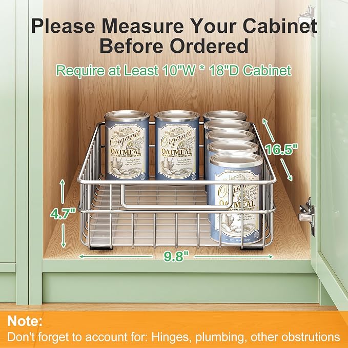 Pull out Cabinet Organizer, Stainless Steel 1-Pack (9.8"W x 16.5"D) Full-Extension Slide out Drawer, Adhesive Roll out Can Spice Storage Basket Shelf Rack for Pantry, Kitchen, Bathroom, Home Closet