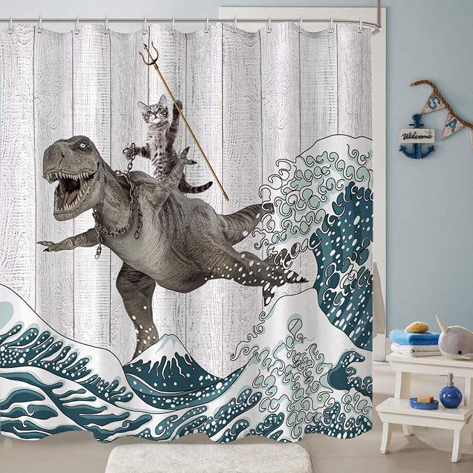 Fungarth Funny Cat Shower Curtain Dinosaur Ocean Sea Wave Shower Curtains for Bathroom Cool Waterproof Fabric Rustic Wooden Farmhouse Bath Curtain Decor with Hooks (Gray1, 72” x 78”)