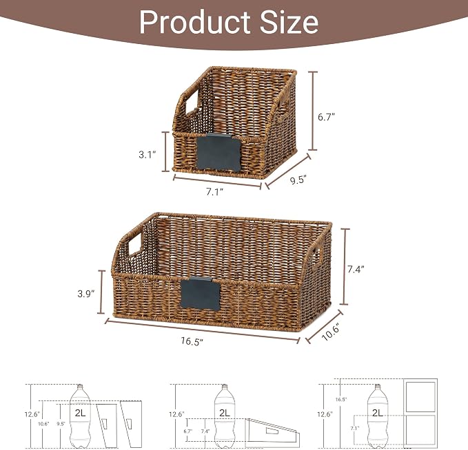 Pantry Organizers, Handwoven Large Wicker Baskets for Shelves, Labeled Storage Baskets for Organizing with Handles - Waterproof Plastic Storage Bins, Boho Decorative, 3Pack, Brown