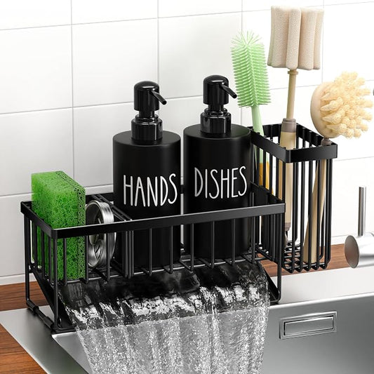 MASADI Kitchen Dish Soap Dispenser Set with Sponge Holder, 12OZ Glass Bottle, Hand and Dish Soap Dispenser Set, Non-Slip Silicone Pad, Brush Holder, Kitchen Sink Organizer Countertop (Black)