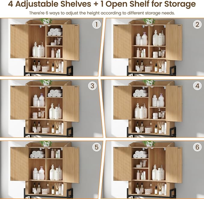 Over The Toilet Storage Cabinet with 2-Door & Metal Stand, Wood | Toilet Paper Holder, 3 Extra Hooks, Anti-Tipping Device, With Adjustable Shelves, for Bathroom, Restroom, Laundry