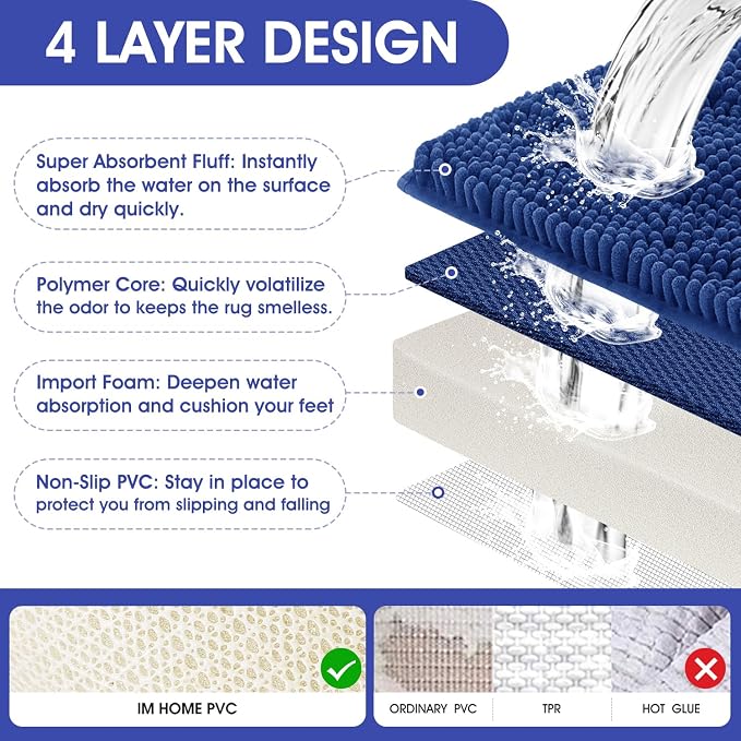 Extra Long Striped Denim Blue Bathroom Rug Mat 70"x24" Ultra Soft, Non Slip Chenille Bath Rugs, Absorbent Plush Shaggy Bath Mats for Bathroom, Bedroom, Kitchen, Shower, Tub
