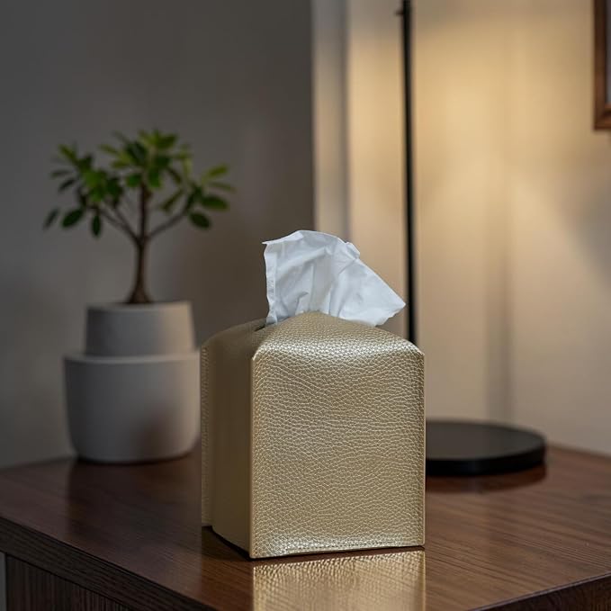 Premium PU Leather Tissue Box Holder - Elegant Hotel-Style Tissue Box Cover for Home, Office & Car Décor, Tissues Cube Organizer for a Natural & Classic Look (Gold 2 Pack)