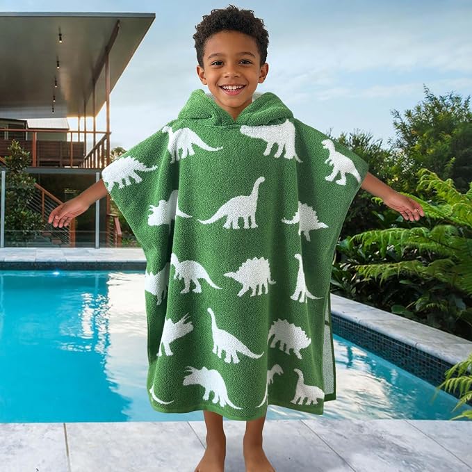 VOOVA & MOVAS Poncho Towel for Kids, 4-8 Years, 100% Cotton, Thick,Dino | 28"x28" Large Size, Cute Dinosaur Jacquard, Soft, Absorbent & Quick Dry, Fits Pool, Bathroom and Swimming