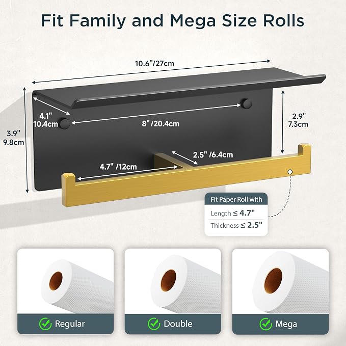 FORIOUS Toilet Paper Holder with Shelf, Commercial Toilet Paper Dispenser | Black & Gold | SUS304 Stainless Steel Wall Mount Double Bathroom Tissue Roll Holder for Hotel, Apartments, etc