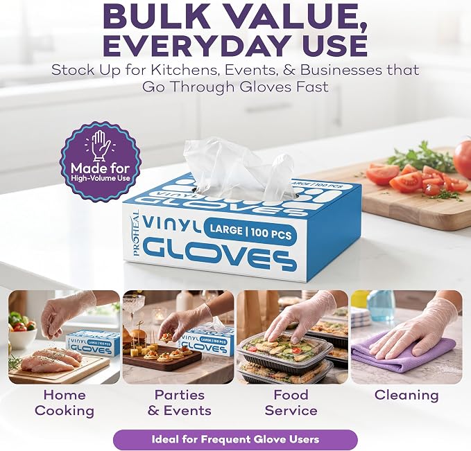 ProHeal Clear Vinyl Disposable Gloves - Food Safe Cooking and Household Cleaning Gloves -Powder and Latex Free Kitchen Glove