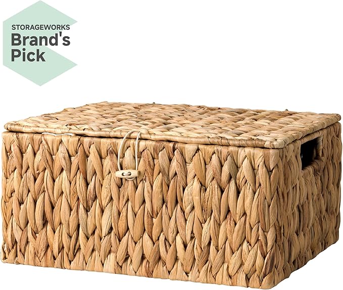 StorageWorks Wicker Basket with Lid, Water Hyacinth Storage Baskets | Woven Baskets with Lids for Shelves, Wicker Storage Baskets with Lids, Decorative Box, Lidded Baskets for Organizing, 1 Pack