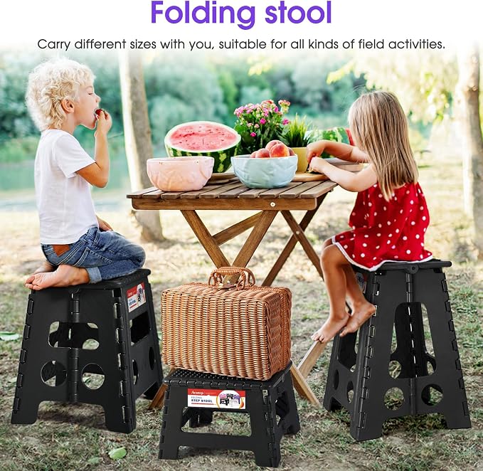 17.5 Inch Heavy Duty Folding Step Stool, 400 lbs, Dot Black | Collapsible Stepping Stool for Adults with Handle and Non-Slip Surface, for Kitchen, Garage, Bedroom and Outdoor Tasks