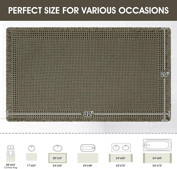 Upgraded Waffle Bath Mat, 32"x20" Greyish Green-Bordered, Super Absorbent Non-Slip Quick Dry Bathroom Rugs with Tassels, Machine Washable Ultra Soft Boho Bath Rugs, Toilet Mats Boho Farmhouse Decor
