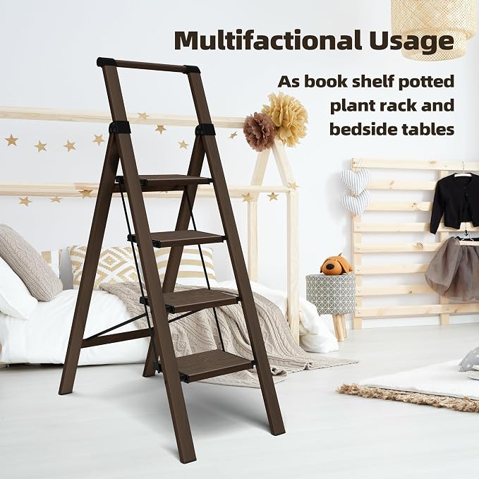 HillhutApex Aluminum 4 Step Ladder, Step Stool Foldable Ladder(Walnut) | Anti-Slip Pedals,330lbs Capacity,Lightweight Folding Ladders for Home,Office,Libaray