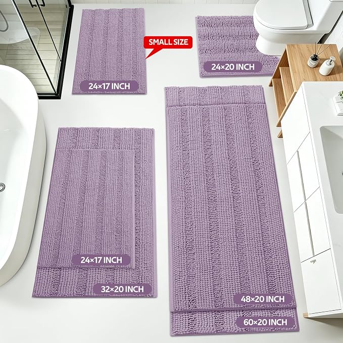 Striped Lavender Bathroom Rug Set 3 Pieces Ultra Soft, Non Slip Chenille Toilet Mat, Absorbent Plush Shaggy Bath Mats for Bathroom, Bedroom, Kitchen, Mauve