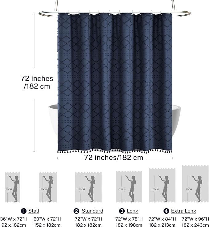 Siiluminisoy Navy Blue Shower Curtain Boho Shower Curtains Fabric, Tufted Chevron Textured Striped Modern Minimalist Cloth Shower Curtain for Bathroom, 72 x 72